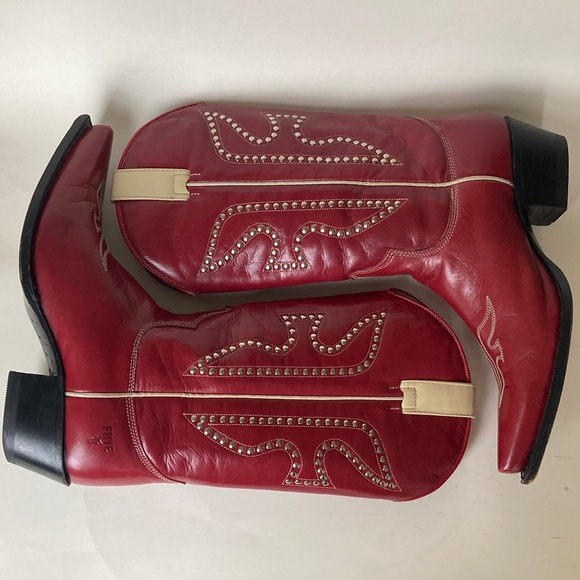 Vintage Frye Daisy Duke Studded Red Cowboy Leather Boots  Sz 9 - Picture 2 of 16